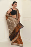 Brown-Orange Handwoven Tanchui Silk Banarasi Saree