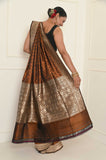 Brown-Orange Handwoven Tanchui Silk Banarasi Saree