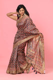 Brown Printed Katha Work Tussar Saree