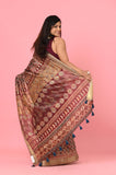 Brown Printed Katha Work Tussar Saree