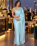 Blue Polka Dots Satin Saree with Stitched Blouse