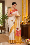 Offwhite Checks Moonga Silk Red Mustard Border Hand Embroidered Saree