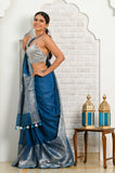 Dark Blue Banarasi Linen Saree