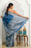 Dark Blue Banarasi Linen Saree