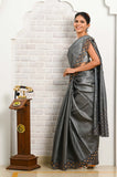 Dark Gray-Orange Cut Work Pure Tussar Saree