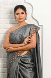 Dark Gray-Orange Cut Work Pure Tussar Saree