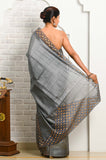 Dark Gray-Orange Cut Work Pure Tussar Saree