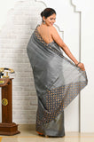 Dark Gray-Orange Cut Work Pure Tussar Saree