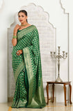 Dark Green Soft Silk Banarasi Saree With Jaal Border