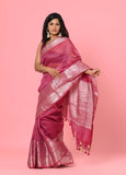 Dark Pink Banarasi Linen Saree