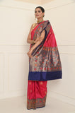 Dark Pink Handwoven Katan Silk Banarasi Saree With Meena Border