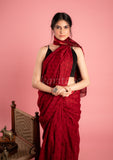 Dark Red Handmade Bagh Print Chanderi Saree