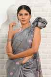 Dark ash - Pink Cut Work Pure Tussar Saree