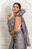 Dark ash - Pink Cut Work Pure Tussar Saree