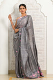 Dark ash - Pink Cut Work Pure Tussar Saree