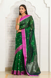 Dark green Pure Silk Handwoven Chanderi Saree with Silver Zari