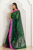 Dark green Pure Silk Handwoven Chanderi Saree with Silver Zari