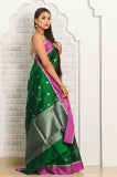 Dark green Pure Silk Handwoven Chanderi Saree with Silver Zari