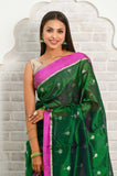 Dark green Pure Silk Handwoven Chanderi Saree with Silver Zari