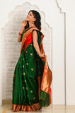 Dark green Pure Silk Handwoven Eknaliya Chanderi Saree with Meenakari Buti