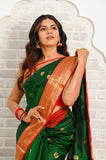 Dark green Pure Silk Handwoven Eknaliya Chanderi Saree with Meenakari Buti