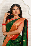 Dark green Pure Silk Handwoven Eknaliya Chanderi Saree with Meenakari Buti