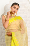 Florecent Yellow Pure Silk Handwoven Chanderi Saree