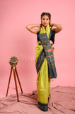 Fluorescent Green Desi Tussar Saree with Ikat Pallu