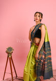 Fluorescent Green Desi Tussar Saree with Ikat Pallu