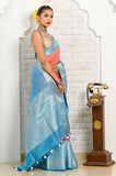 Gajari-Blue Banarasi Linen Saree