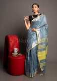 Gray Linen Saree with Yellow Border