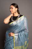 Gray Linen Saree with Yellow Border