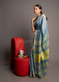 Gray Linen Saree with Yellow Border