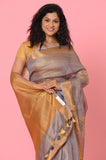 Gray-Golden Linen Tissue Handwork Embroidary Saree