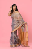 Gray-Golden Linen Tissue Handwork Embroidary Saree