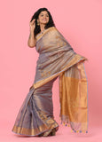 Gray-Golden Linen Tissue Handwork Embroidary Saree