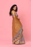 Gray-Golden Linen Tissue Handwork Embroidary Saree