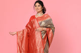 Gray-Red Moonga Silk Banarasi Saree