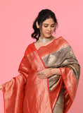 Gray-Red Moonga Silk Banarasi Saree