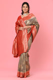 Gray-Red Moonga Silk Banarasi Saree