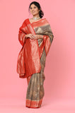 Gray-Red Moonga Silk Banarasi Saree