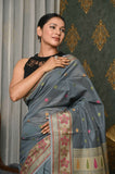 Gray Cotton Silk Saree With Resham Booti