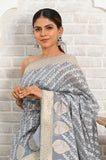 Gray Kora Cotton Banarasi Saree With Double Weaving Thread And Zari Work