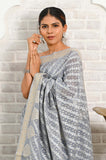 Gray Kora Cotton Banarasi Saree With Double Weaving Thread And Zari Work