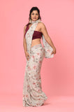 Gray Printed Chinon Designer Saree