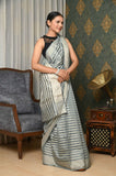 Gray Silk Saree with Silver Stripes