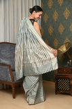 Gray Silk Saree with Silver Stripes