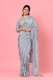 Gray Silk Sequins Work Designer Saree