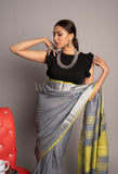 Gray Yellow Linen Saree