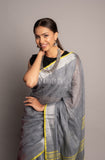 Gray Yellow Linen Saree